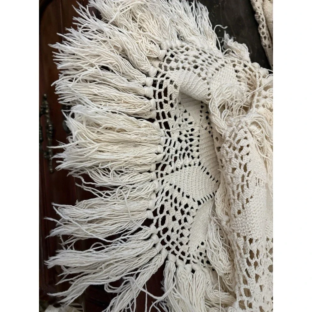 Handmade floral  Crochet Beige Fringed Bed Throw Blanket 72